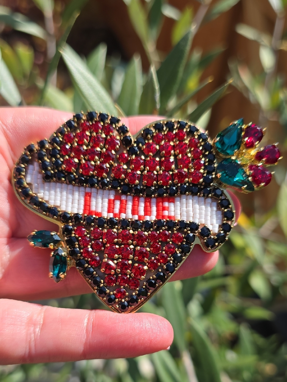 Shourouk Red Crystal Heart Brooch with Green and Gold Accents